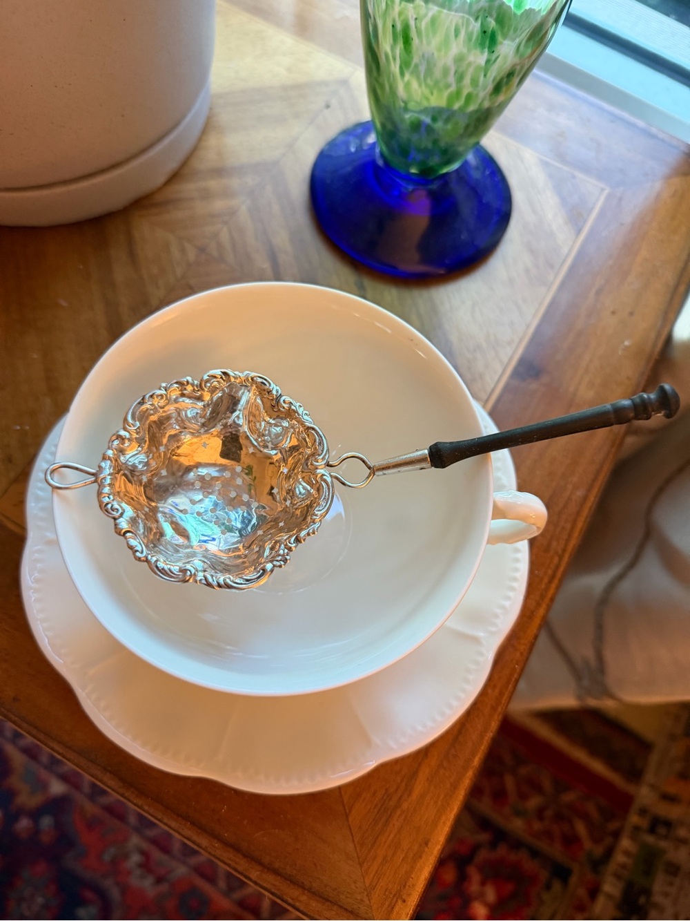 Antique Sterling Silver Tea Strainer with Limoges Cup & Saucer